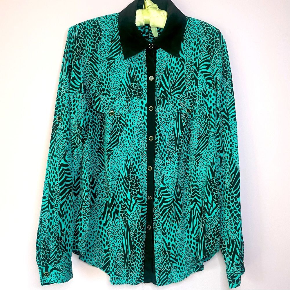 Yumi Kim Silk Retro Blue Exotic Animal Print Long Sleeve Button Blouse Large